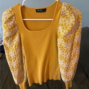 Anthropologie Mustard Sweater with Embroidered Sleeves